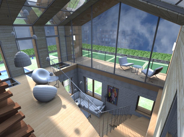 3D interior view - living room - terrace